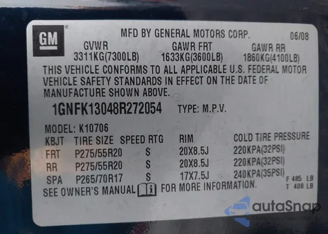 2008 Chevrolet Tahoe Ltz z USA, uszkodzony, nr VIN 1GNFK13048R272054